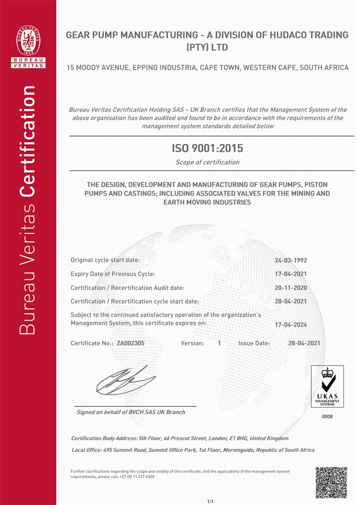 Gear Pump Manufacturing ISO 9001-2015 Certificate